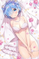 Rule 34 | 1girl, ayamy, bare arms, bare shoulders, bead necklace, beads, blue eyes, blue hair, bra, breasts, bridal veil, cleavage, collarbone, covering privates, covering crotch, flower, hair flower, hair ornament, hair over one eye, halterneck, highres, jewelry, large breasts, lingerie, looking at viewer, lying, miniskirt, navel, necklace, on back, panties, parted lips, pearl thong, petals, pink flower, purple flower, re:zero kara hajimeru isekai seikatsu, rem (re:zero), rose, short hair, side-tie panties, skirt, unworn skirt, solo, stomach, thighhighs, thighs, underwear, untied panties, v arms, veil, white bra, white panties, white skirt