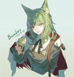 Rule 34 | 1girl, :p, animal ear fluff, animal ears, arknights, black ribbon, cape, cat ears, cat girl, chinese commentary, commentary request, cropped torso, dated, green eyes, green hair, grey vest, hand up, harmonie (arknights), highres, long hair, long sleeves, looking at viewer, neck ribbon, red cape, ribbon, shirt, signature, sketch, smile, solo, tongue, tongue out, two-sided cape, two-sided fabric, vest, white cape, white shirt, zhutongfan