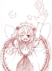 Rule 34 | 1girl, arm up, bow, colored pencil (medium), crescent moon, dress, hair bow, hat, monochrome, moon, myo-gateien, myouga teien, one eye closed, open mouth, ribbon, short hair, sketch, smile, solo, star (symbol), sun, sunny milk, touhou, traditional media, twintails, wings