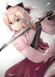 Rule 34 | absurdres, arm guards, black bow, bow, cherry blossoms, fate/grand order, fate (series), gauntlets, gradient background, hair between eyes, hair bow, hakama, hakama skirt, half updo, highres, holding, holding sword, holding weapon, japanese clothes, katana, kimono, koha-ace, long sleeves, meiji schoolgirl uniform, okita souji (fate), okita souji (koha-ace), petals, pink hair, pink kimono, red hakama, simple background, skirt, smile, solo, sword, watanai72, weapon, white background, wide sleeves, yellow eyes