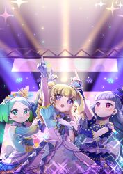 Rule 34 | 3girls, :d, arm up, blonde hair, blue dress, blue hair, blunt bangs, blush, closed mouth, dress, earrings, frilled dress, frills, gloves, gradient hair, green eyes, green hair, grey hair, hat, highres, holding, holding microphone, idol, idol clothes, idol time pripara, index finger raised, jewelry, koda michiru, koyoshi yoko, long hair, looking up, microphone, miichiru (pripara), mini hat, mini top hat, multicolored hair, multiple girls, nijiiro nino, open mouth, outstretched arm, pointing, pointing up, pretty series, pripara, purple eyes, red eyes, short hair, short sleeves, smile, sparkle, stage, stage lights, standing, top hat, two side up, very long hair, wavy hair, white gloves, yumekawa yui
