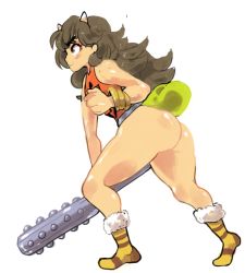 Rule 34 | 1girl, ass, bottomless, brown eyes, brown hair, club, club (weapon), flat chest, horns, huge ass, inkerton-kun, kanabou, oboro muramasa, oni, simple background, smile, solo, thick thighs, thighs, weapon, white background