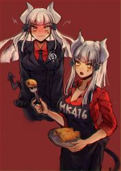 Rule 34 | 2girls, 404 logo (girls&#039; frontline), apron, bad id, bad twitter id, black suit, blunt bangs, blush, business suit, character name, clothes writing, cosplay, demon girl, demon horns, demon tail, dual persona, embarrassed, food, fork, formal, girls&#039; frontline, helltaker, highres, hk416 (girls&#039; frontline), horns, lucifer (helltaker), lucifer (helltaker) (cosplay), multiple girls, multiple views, necktie, pancake, plate, red background, red shirt, shirt, simple background, suit, tail, xanax025