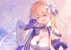 Rule 34 | 1girl, ^ ^, antenna hair, archetype earth, arcueid brunestud, bare shoulders, blonde hair, blue gloves, blush, breasts, cleavage, closed eyes, collarbone, commentary request, detached collar, detached sleeves, fate/grand order, fate (series), flower, gloves, hair between eyes, hair flower, hair ornament, hand up, happy, highres, hoshino (gmve4cc), large breasts, long hair, long sleeves, open mouth, solo, strapless, tsukihime, upper body, white flower