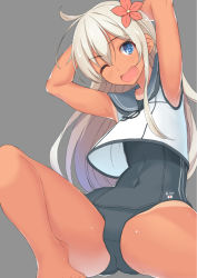 Rule 34 | 10s, 1girl, b-ginga, blue eyes, flower, hair flower, hair ornament, kantai collection, one-piece swimsuit, one eye closed, ro-500 (kancolle), school swimsuit, smile, solo, swimsuit, tan, tanline