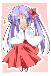 Rule 34 | 00s, 1girl, ^^^, border, bow, eating, embarrassed, hair bow, hakama, hakama skirt, hiiragi kagami, japanese clothes, long sleeves, looking at viewer, lucky star, miko, paco, red bow, red hakama, red skirt, sitting, skirt, solo, surprised, twintails, wide sleeves
