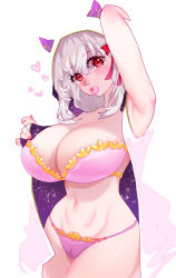 Rule 34 | 1girl, arm behind head, arm up, armpits, bare shoulders, bikini, blush, breasts, candy, chocolate heaven (fate/grand order), cleavage, cloak, collarbone, earrings, fate/grand order, fate (series), female focus, food, hair between eyes, hair ribbon, heart, highres, hood, hooded cloak, horned hood, horns, jewelry, kama (chocolate heaven) (fate), kama (fate), large breasts, long hair, looking at viewer, mouth hold, navel, pink bikini, red eyes, ribbon, silver hair, simple background, solo, space, standing, star (sky), sumisumii, swimsuit, white background
