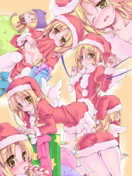 Rule 34 | 1girl, :3, angeling, archangeling, bad id, bad pixiv id, blonde hair, blush, breasts, candy, candy cane, closed mouth, clothes lift, commentary request, deviruchi hat, dress, dress lift, feet out of frame, food, gift, hair between eyes, hand on breast, hat, highres, hizukiryou, looking at viewer, medium breasts, multiple views, open mouth, pantyhose, poporing, pudding, ragnarok online, santa costume, santa hat, short hair, simple background, slime (creature), white pantyhose, yellow background, yellow eyes