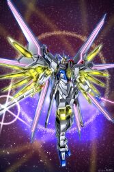 Rule 34 | beam saber, dual wielding, energy sword, glowing, glowing eyes, gundam, gundam seed, gundam seed freedom, highres, holding, holding sword, holding weapon, katana, light particles, mecha, mighty strike freedom gundam, mobile suit, no humans, robot, science fiction, shimashun, solo, sparkle, sword, v-fin, weapon, yellow eyes