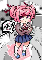 Rule 34 | 1girl, :t, absurdres, artist name, blue skirt, blueborg16, blush, breasts, chromatic aberration, collared shirt, comic book background, crossed arms, doki doki literature club, full body, grey jacket, hair ornament, hair ribbon, hairclip, highres, jacket, kneehighs, long sleeves, looking at viewer, natsuki (doki doki literature club), navel, neck ribbon, pink eyes, pink hair, pleated, pleated skirt, pout, red ribbon, ribbon, school uniform, shirt, shoes, short hair, skirt, socks, solo, source request, speech bubble, swept bangs, two side up, white socks, wing collar