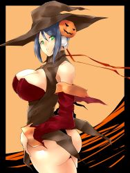 Rule 34 | 1girl, android, aq interactive, arcana heart, ass, atlus, blush, breasts, cleavage, costume, detached sleeves, examu, female focus, green eyes, hair ornament, hairclip, halloween, hat, highres, large breasts, looking back, mei-fang, pumpkin, purple hair, short hair, solo, tetsuniwatori, witch