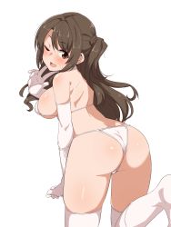 Rule 34 | 1girl, absurdres, ass, back, bikini, breasts, brown eyes, brown hair, commentary request, gauntlets, highres, idolmaster, idolmaster cinderella girls, large breasts, long hair, looking at viewer, looking back, micro bikini, one eye closed, open mouth, seihekiog, shimamura uzuki, sideboob, sidelocks, simple background, smile, solo, standing, standing on one leg, swimsuit, thighhighs, thighs, twisted torso, white background, white bikini, white thighhighs