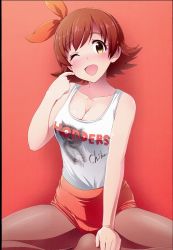 Rule 34 | 10s, 1girl, ;d, absurdres, bare shoulders, blush, brand name imitation, breasts, brown eyes, brown hair, cleavage, collarbone, highres, honda mio, hooters, idolmaster, idolmaster cinderella girls, kabayaki unagi, looking at viewer, no shoes, non-web source, one eye closed, open mouth, pantyhose, pointing, pointing at self, scan, scan artifacts, short hair, short shorts, shorts, smile, solo, sweat