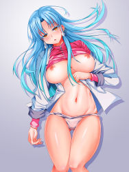 Rule 34 | 1girl, aqua hair, bad id, bad pixiv id, bandai namco, blue hair, blush, breasts, breasts apart, clothes lift, coat, earrings, glacies, gradient hair, groin, hair tubes, highres, jacket, jewelry, large breasts, long hair, looking at viewer, lying, multicolored hair, navel, nipples, no bra, on back, open clothes, open mouth, panties, puchipiiman, purple panties, shirt lift, simple background, solo, stomach, super robot wars, super robot wars destiny, super robot wars original generation, the 2nd super robot wars og, thigh gap, thighs, underwear, undressing, very long hair, yellow eyes