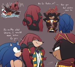 Rule 34 | 3boys, absurdres, blue hair, eyepatch, green eyes, highres, knuckles the echidna, multiple boys, muscular, muscular male, pirate costume, pirate ship, red eyes, red hair, shadow the hedgehog, sonic (series), sonic the hedgehog, toodamncycle, topless, yaoi