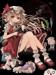 Rule 34 | 1girl, absurdres, ak-47, ascot, assault rifle, black background, blonde hair, commentary, crystal, doll, english commentary, flandre scarlet, frilled skirt, frills, gun, hat, hat ribbon, highres, holding, holding gun, holding weapon, izayoi sakuya, kalashnikov rifle, kedama (touhou), knees up, long hair, looking at viewer, o o, ougiikun, parted lips, patchouli knowledge, red eyes, red footwear, red ribbon, red skirt, remilia scarlet, ribbon, rifle, short sleeves, simple background, sitting, skirt, socks, solo, touhou, weapon, white hat, white socks, wings, yellow ascot
