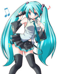 Rule 34 | 1girl, :q, bare shoulders, detached sleeves, green eyes, green hair, hatsune miku, long hair, matching hair/eyes, microphone, miniskirt, musical note, necktie, quaver, shinshin, simple background, skirt, solo, thighhighs, tongue, tongue out, twintails, very long hair, vocaloid, white background, zettai ryouiki