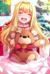 Rule 34 | 1girl, blonde hair, blunt bangs, box, child, christmas, christmas ornaments, christmas tree, closed eyes, commentary request, dress, gift, gift box, long hair, nicoby, open mouth, original, solo, stuffed animal, stuffed toy, teddy bear
