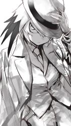 Rule 34 | 1girl, alternate costume, arm up, closed mouth, collared shirt, expressionless, gloves, greyscale, guchico, hat, head wings, highres, holding, holding clothes, holding hat, kemono friends, long sleeves, looking at viewer, monochrome, necktie, shirt, shoebill (kemono friends), short hair, sketch, solo, wings
