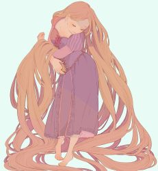 Rule 34 | 1girl, absurdly long hair, barefoot, blonde hair, corset, cross-laced clothes, dress, closed eyes, full body, highres, light smile, long hair, long sleeves, matatatatabi, purple dress, rapunzel (disney), solo, striped, tangled, vertical stripes, very long hair