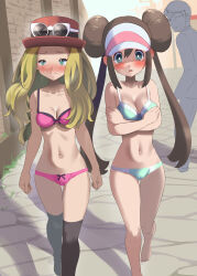 Rule 34 | 1boy, 2girls, absurdres, barefoot, black thighhighs, blonde hair, blush, bra, breasts, brown hair, cleavage, closed mouth, collarbone, commentary request, commission, covering breasts, covering privates, creatures (company), day, double bun, eyelashes, eyewear on headwear, game freak, green bra, green eyes, green panties, hair between eyes, hair bun, half-closed eyes, hat, highres, knees, long hair, medium breasts, multiple girls, navel, nintendo, open mouth, outdoors, panties, partial commentary, pink bra, pink panties, pixiv commission, pokemon, pokemon bw2, pokemon xy, red headwear, rosa (pokemon), serena (pokemon), sidelocks, standing, sunglasses, sweat, thighhighs, twintails, uhyoko, underwear, underwear only, visor cap, white-framed eyewear, white headwear