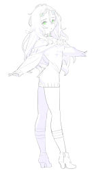 Rule 34 | 1girl, chloe (enkyo yuuichirou), dress, enkyo yuuichirou, from side, full body, green eyes, high heels, highres, horns, long hair, long sleeves, looking at viewer, looking to the side, original, outstretched arms, parted lips, simple background, sketch, sleeves past wrists, solo, spread arms, sweater, sweater dress, white background