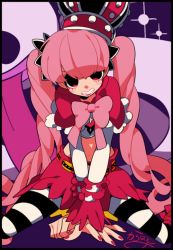 Rule 34 | 1girl, arm support, artist name, crown, lipstick, makeup, midriff, nail polish, one piece, perona, pink hair, pink lips, pink nails, sameyama jiro, shawl, sitting, smile, solo, striped clothes, striped thighhighs, thighhighs, twintails, wariza