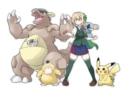 Rule 34 | 1girl, blonde hair, blue neckwear, braid, braided bangs, braided bun, breasts, clenched hand, cloak, closed eyes, closed mouth, creatures (company), crossover, game freak, gen 1 pokemon, gen 7 pokemon, green cloak, green thighhighs, green vest, hair between eyes, hair bun, hair ribbon, highres, holding, holding poke ball, kangaskhan, kantai collection, komala, nintendo, on shoulder, open mouth, parody, perth (kancolle), pikachu, plaid, plaid skirt, poke ball, pokemon, pokemon (creature), psyduck, purple eyes, ribbon, simple background, single hair bun, skirt, standing, style parody, suke (share koube), thighhighs, u u, vest, white background