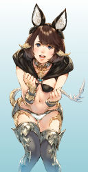 Rule 34 | 1girl, :d, animal ears, au ra, bikini, blue eyes, blush, boots, breasts, brown hair, capelet, dragon girl, dragon horns, dragon tail, fake animal ears, final fantasy, final fantasy xiv, gluteal fold, hairband, highres, horns, leaning forward, lips, looking at viewer, makimura shunsuke, navel, open mouth, scales, short hair, small breasts, smile, solo, swimsuit, tail, teeth, thigh boots, thighhighs, tongue