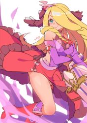 Rule 34 | 1girl, bare shoulders, blue eyes, boots, breasts, chelle (dragalia lost), closed mouth, dragalia lost, gun, hair ornament, hair over one eye, highres, holding, holding gun, holding weapon, large breasts, long hair, looking at viewer, official alternate costume, po pooch, solo, thighs, upper body, very long hair, weapon