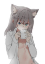 Rule 34 | 1girl, absurdres, animal ear fluff, animal ears, artist name, blue archive, blurry, breasts, coffee mug, cup, drinking, extra ears, goyain, hair ornament, highres, holding, holding cup, long sleeves, looking down, mismatched pupils, mug, naked shirt, navel, open clothes, open mouth, shiroko (blue archive), shirt, short hair, sleeves past wrists, small breasts, solo, steam, unbuttoned, unbuttoned shirt, white background, x hair ornament