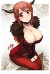 Rule 34 | 10s, 1girl, black neckwear, blush, breasts, choker, cleavage, demon girl, dress, fur trim, highres, horns, large breasts, long hair, looking at viewer, maou (maoyuu), maoyuu maou yuusha, ookuma nekosuke, red eyes, red hair, revision, sitting, sketch, smile, solo