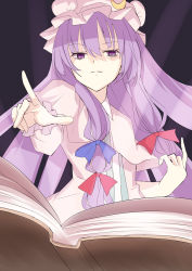 Rule 34 | 1girl, arai togami, bags under eyes, book, capelet, crescent, crescent pin, hair between eyes, hair ornament, hair ribbon, hat, hat ornament, highres, light, light rays, long hair, long sleeves, looking at viewer, mob cap, open book, pajamas, patchouli knowledge, pointing, purple background, purple eyes, purple hair, ribbon, simple background, solo, touhou, tress ribbon