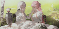 Rule 34 | 2girls, :d, blurry, blurry background, blurry foreground, blush, breasts, chair, chihuri, closed eyes, closed mouth, collared shirt, commentary request, cup, depth of field, dress, facing another, field, flower, grey eyes, grey hair, hair between eyes, hand on another&#039;s face, highres, long hair, looking at another, medium breasts, multiple girls, on chair, open mouth, original, pink hair, profile, saucer, shirt, short sleeves, sitting, smile, spoon, table, teacup, teapot, very long hair, white dress, white flower, white shirt, yana (chihuri), yuri, zoya petrovna vecheslova