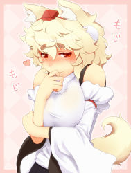 Rule 34 | 1 mutsuki, 1girl, animal ears, bare shoulders, blonde hair, blush, border, detached sleeves, female focus, hand to own mouth, hat, heart, hikimayu, inubashiri momiji, red eyes, solo, tail, tokin hat, touhou, translation request, white hair, wolf ears, wolf tail