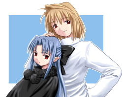 Rule 34 | 00s, 2girls, ahoge, arcueid brunestud, blonde hair, blue background, border, bow, fur trim, hair bow, half updo, len (tsukihime), long sleeves, looking at viewer, looking away, multiple girls, parted bangs, pointy ears, pom pom (clothes), red eyes, sidelocks, simple background, smile, sweater, tsukihime, upper body, white border