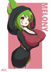 Rule 34 | 1girl, :3, absurdres, blush, breasts, cleavage, facial mark, food-themed hair ornament, glitch productions, green hair, hair ornament, highres, huge breasts, melony (smg4), open mouth, red eyes, short hair, smg4, solo, watermelon hair ornament, whisker markings