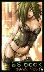 Rule 34 | 1girl, breasts, cleavage, envy (living in sin), garter straps, green hair, hair over one eye, lingerie, living in sin, panties, personification, seven deadly sins, shaun healey, solo, striped clothes, striped panties, thighhighs, underwear, white eyes
