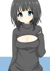Rule 34 | 1girl, bad id, bad pixiv id, black hair, blue eyes, blush, breasts, cleavage, cleavage cutout, clothing cutout, long sleeves, looking at viewer, medium breasts, meme attire, morina nao, open-chest sweater, original, ribbed sweater, short hair, simple background, sleeves past wrists, solo, sweater, turtleneck
