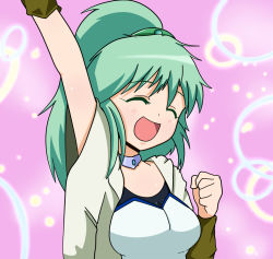 Rule 34 | 1girl, breasts, collar, duel monster, closed eyes, gloves, green hair, happy, jacket, jewelry, long hair, ponytail, smile, solo, takahiko64, winda priestess of gusto, wynnda miko of the gusta, yu-gi-oh!