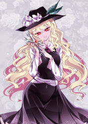 Rule 34 | 1girl, blonde hair, blue eyes, breasts, brown dress, collared dress, covered navel, cowboy shot, cross, dolls in pseudo paradise, dress, fedora, hat, hat feather, highres, holding, holding cross, jacket girl (dipp), long hair, medium breasts, neck ribbon, pinafore dress, raptor7, red eyes, red ribbon, ribbon, sash, shirt, sleeveless, sleeveless dress, solo, touhou, very long hair, wavy hair, white sash, white shirt, wide hips