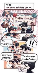 Rule 34 | !, !!, 2boys, black eyes, black hair, cat, character name, chibi, colored skin, comic, confetti, english text, happy birthday, hat, highres, looking at another, mewo, multiple boys, omori, omori (omori), party hat, party popper, short hair, speech bubble, spoken exclamation mark, sunny (omori), wakame (vhai26uhykmqb9k), white skin