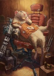 Rule 34 | 1other, chair, commentary, commentary request, cookie, feet up, food, gun, highres, indoors, mouse (animal), nejumipro, no humans, on chair, original, plate, science fiction, sitting, solo, swivel chair, weapon, wooden wall, wrench