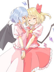 Rule 34 | 2girls, arnest, bat wings, blouse, collared dress, collared shirt, crystal, dress, flandre scarlet, hair between eyes, highres, jewelry, multicolored wings, multiple girls, no headwear, pink shirt, pointy ears, remilia scarlet, shirt, siblings, simple background, sisters, standing, touhou, white background, wings