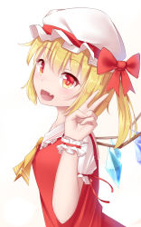 Rule 34 | 1girl, :d, ascot, blonde hair, commentary request, crystal, fang, flandre scarlet, frilled shirt collar, frills, hair between eyes, hand up, hat, hat ribbon, highres, ji dao ji, looking at viewer, looking to the side, mob cap, open mouth, puffy short sleeves, puffy sleeves, red eyes, red ribbon, red vest, ribbon, shirt, short sleeves, side ponytail, simple background, smile, solo, touhou, upper body, v, vest, white background, white hat, white shirt, wings, wrist cuffs