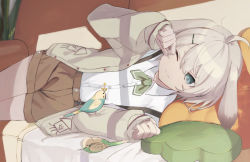 Rule 34 | 1girl, 3;, animal, animal ears, beak hold, bird, blanket, brown shorts, cardigan, child&#039;s drawing, collared shirt, couch, cowboy shot, dress shirt, flower, green ribbon, grey hair, hair ornament, hairclip, indoors, lon (utaite), long sleeves, lying, mouth hold, neck ribbon, niconico, on couch, on side, one eye closed, open cardigan, open clothes, pillow, rabbit ears, ribbon, rubbing eyes, shirt, shorts, sleeping, sleepy, sleeves past wrists, usirome, utaite, waking up, white shirt, window shadow, yellow flower
