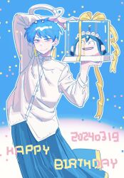 Rule 34 | 1boy, 1girl, 2024, asakusa midori, blue eyes, blue hair, bow, box, candle, commentary, dated, earrings, eizouken ni wa te wo dasu na!, english commentary, gift, gift box, goblet 42, halo, happy birthday, highres, holding, holding gift, jewelry, long skirt, mechanical halo, mole, mole under mouth, original, shirt, short hair, skirt, tassel, tassel earrings, white shirt, yellow bow