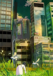 Rule 34 | 1girl, bent over, building, city, cloud, day, dress, facing away, from behind, grass, long sleeves, original, outdoors, reflection, robot, ruins, scenery, skyscraper, solo, standing, ukumo uichi, white dress