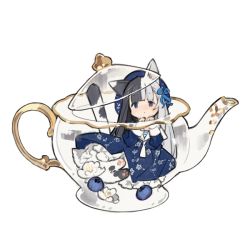 Rule 34 | 1girl, animal hands, blueberry, blunt bangs, cat girl, female focus, food, fruit, full body, mini person, minigirl, simple background, sitting, solo, starshadowmagician, tagme, tail, teapot, white background