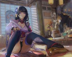 Rule 34 | 1boy, 1girl, bad id, bad pixiv id, bare shoulders, black panties, braid, breasts, cleavage, clothed female nude male, dalin zhu, detached collar, footjob, genshin impact, hair ornament, highres, japanese clothes, kimono, large breasts, legs, long hair, long sleeves, looking at viewer, low-braided long hair, low-tied long hair, nude, obi, off shoulder, panties, penis, purple eyes, purple hair, purple kimono, purple thighhighs, raiden shogun, sash, sitting, thighhighs, underwear, wide sleeves